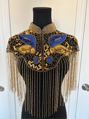 Handmade Beaded Gold Fringe Butterfly Capelet | One Size